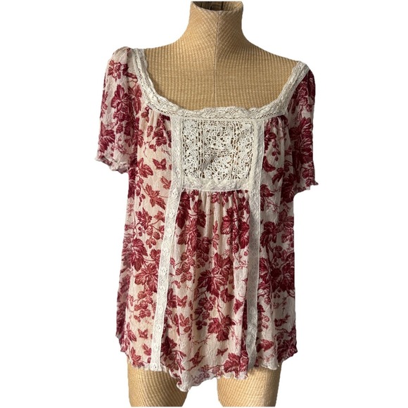 Denim & Supply Ralph Lauren Tops - Denim & Supply Ralph Lauren Floral Lace Sheer Flowy Blouse Boho Red Size XL